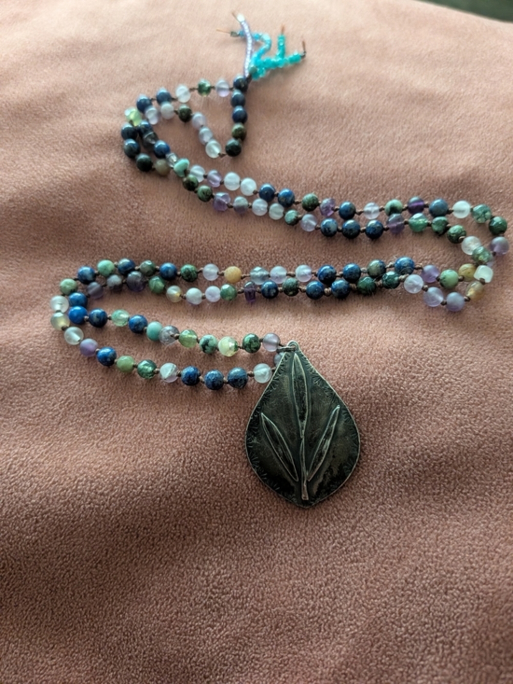 Multicolor Beaded Necklace with sterling 925 Silver Leaf Pendant Boho Vibes